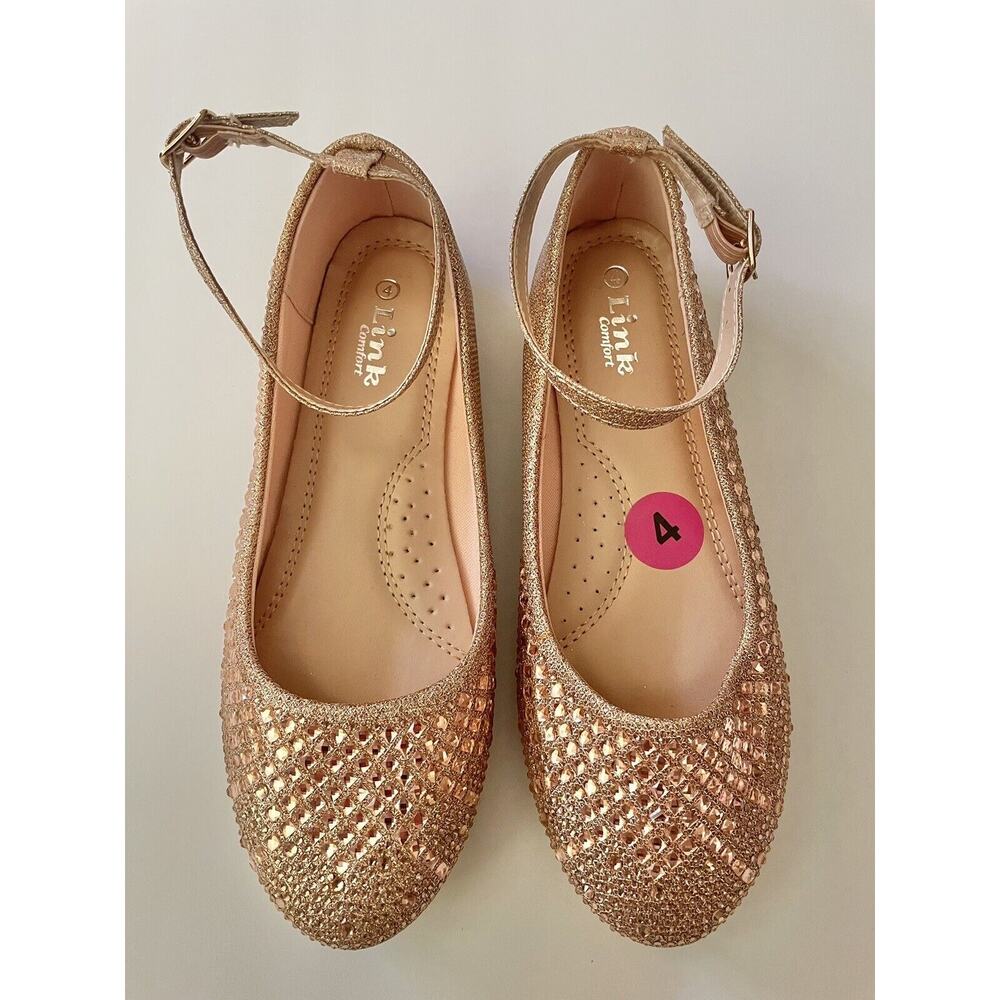 Link Comfort Rose Gold Sparkle Bejeweled Ankle Strap Ballet Flat Shoes Size 4